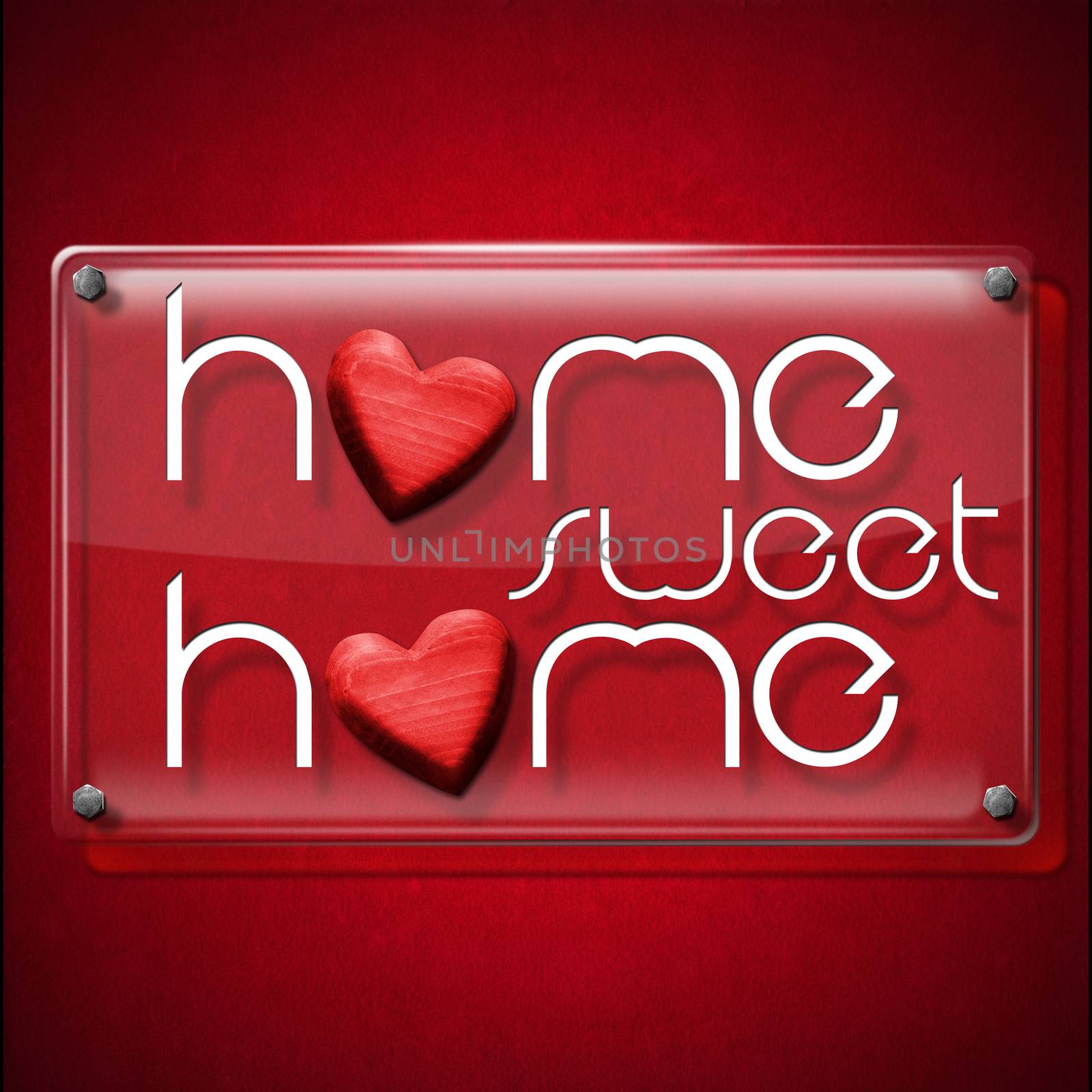 Glass or plexiglass frame with the text Home sweet home on a red velvet background with two red wooden hearts
