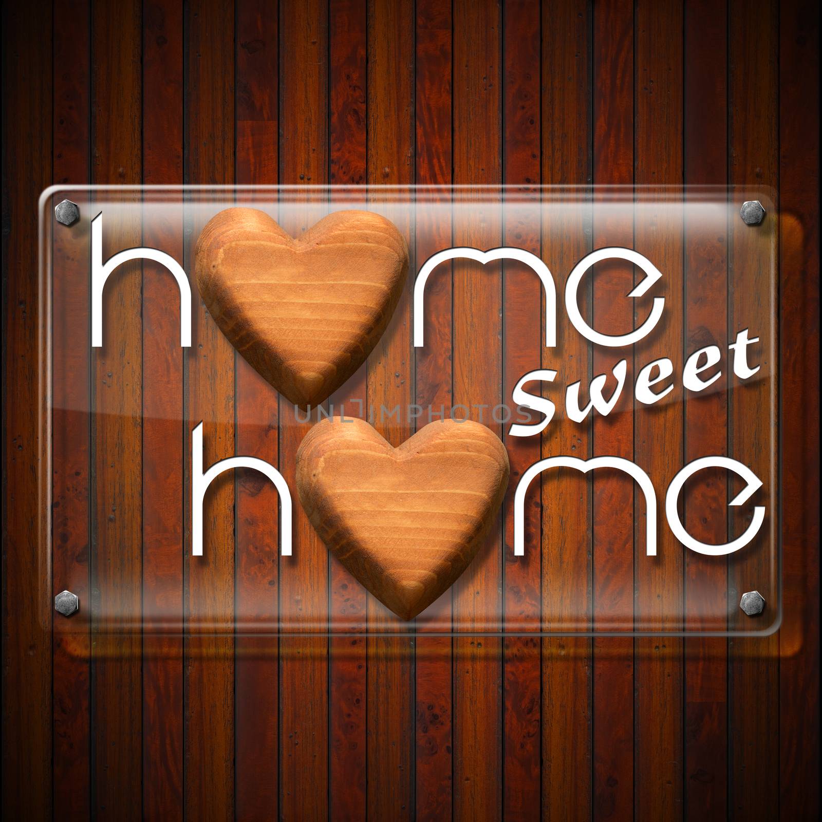 Glass or plexiglass frame with the text Home sweet home on a wooden wall with two brown wooden hearts