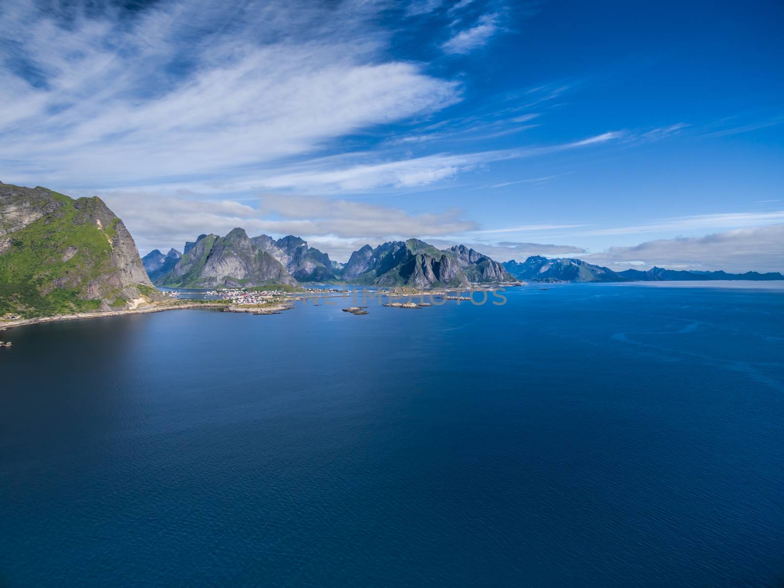 Scenic aerial panorama of Lofoten islands in Norway
