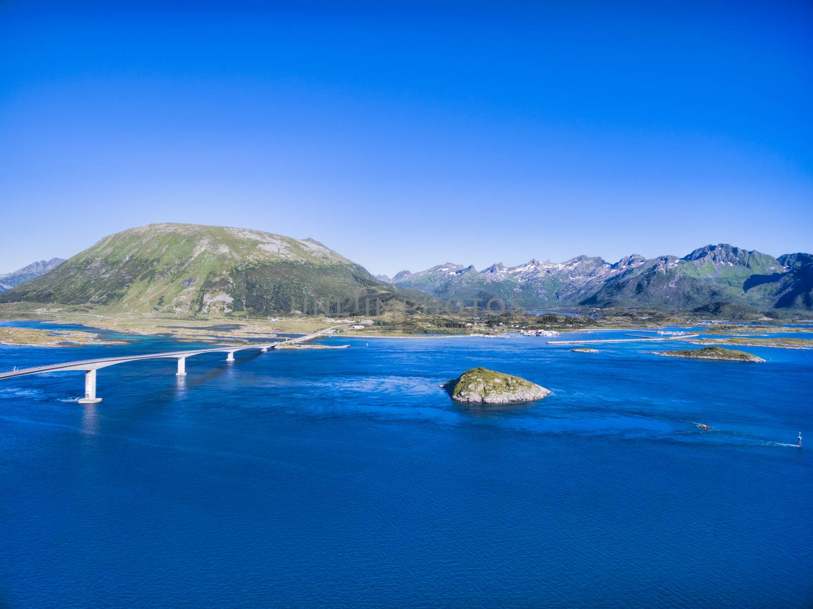 Aerial view of beautiful bridge on Lofoten islands in Norway