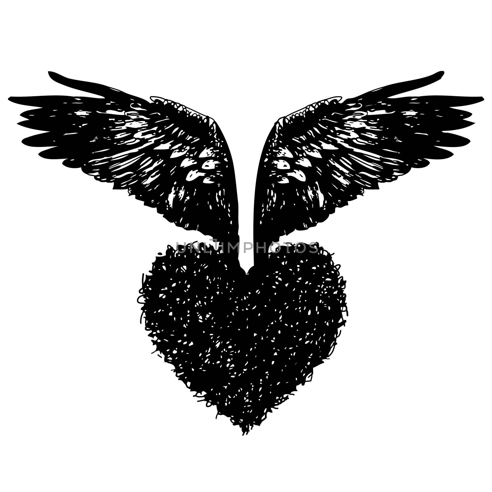 free hand sketch, doodle hand drawn of heart with angel wings