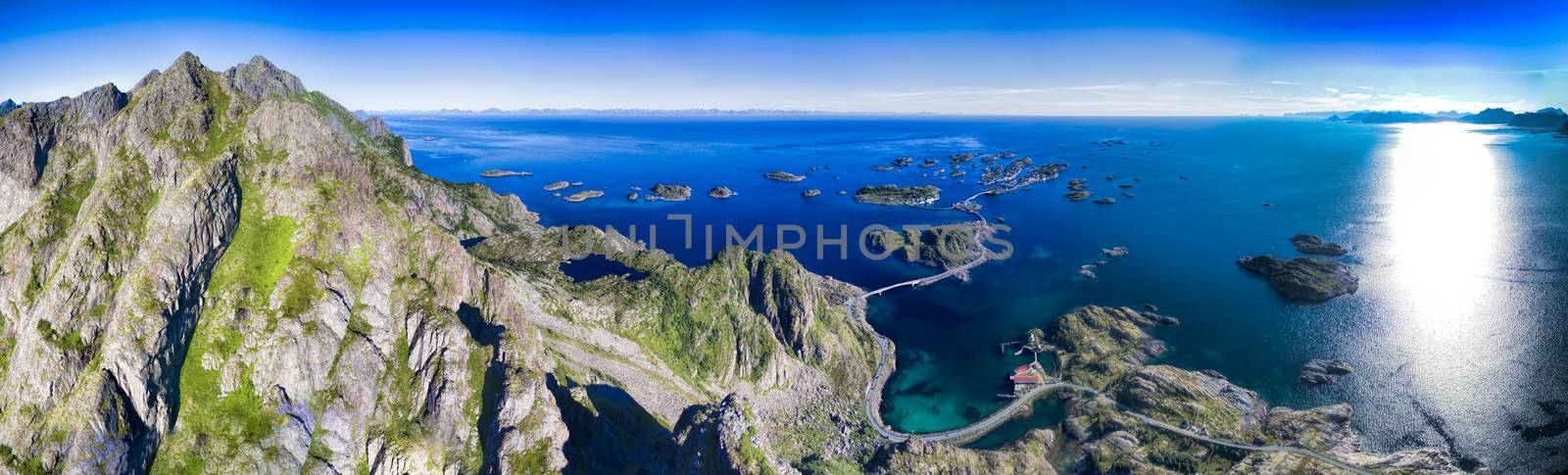 Scenic aerial panorama of fishing town Henningsvaer on Lofoten islands, popular tourist destination in Norway