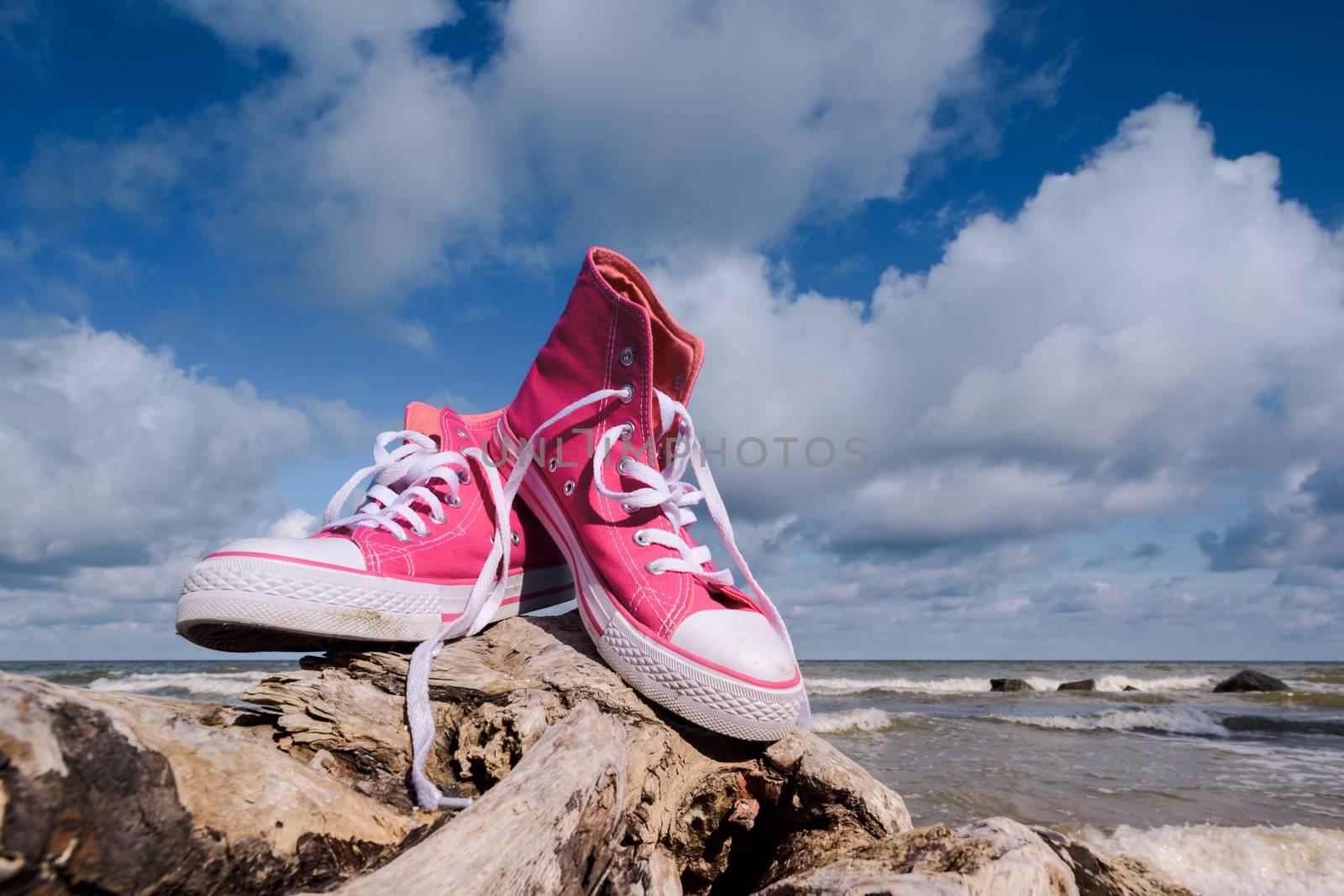 Pair of new pink sneakers on the beach