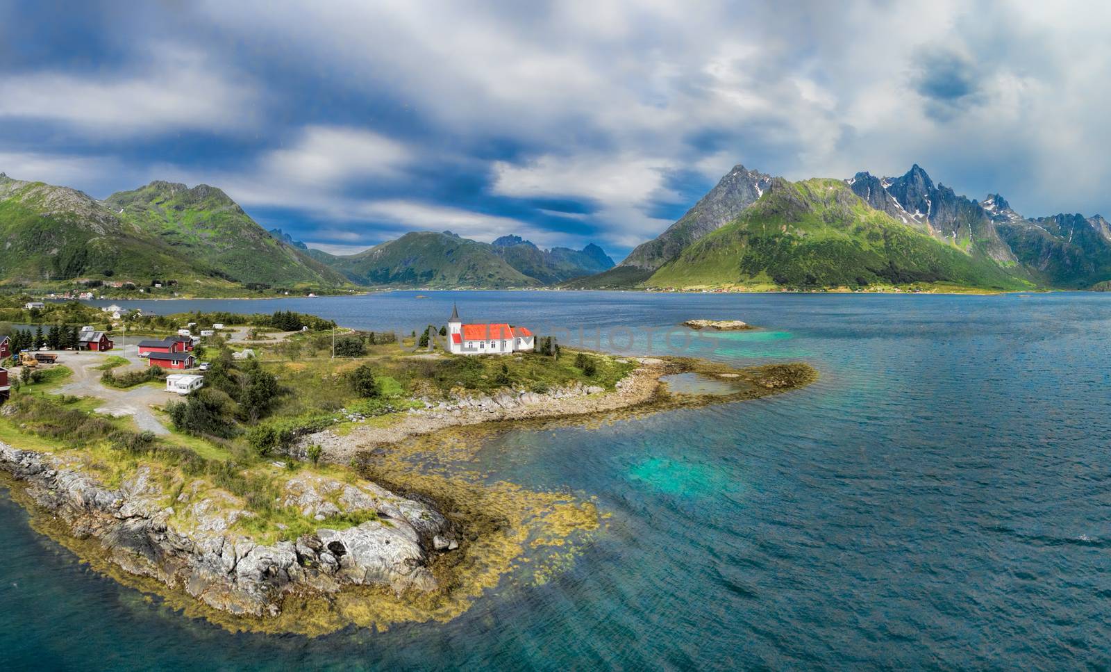 Aerial panorama of Sildpollnes Church on Lofoten islands in Norway