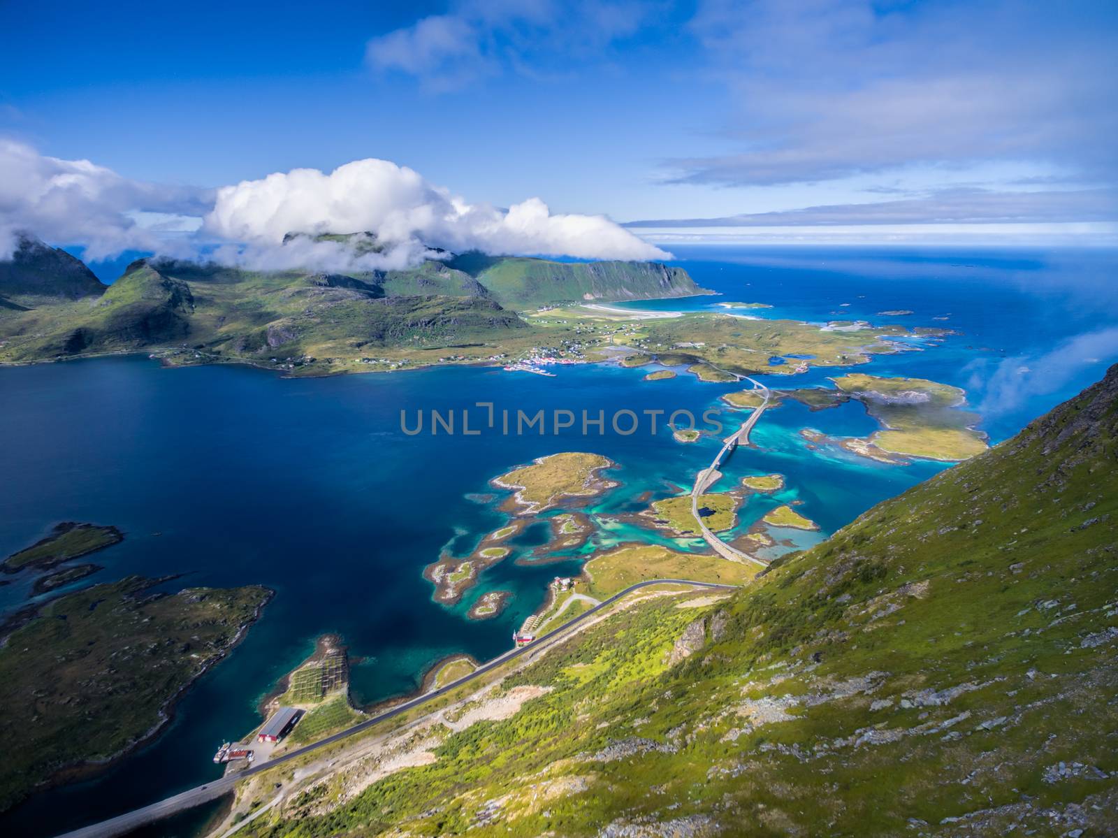 Scenic aerial view of road bridges connecting islands on Lofoten in Norway