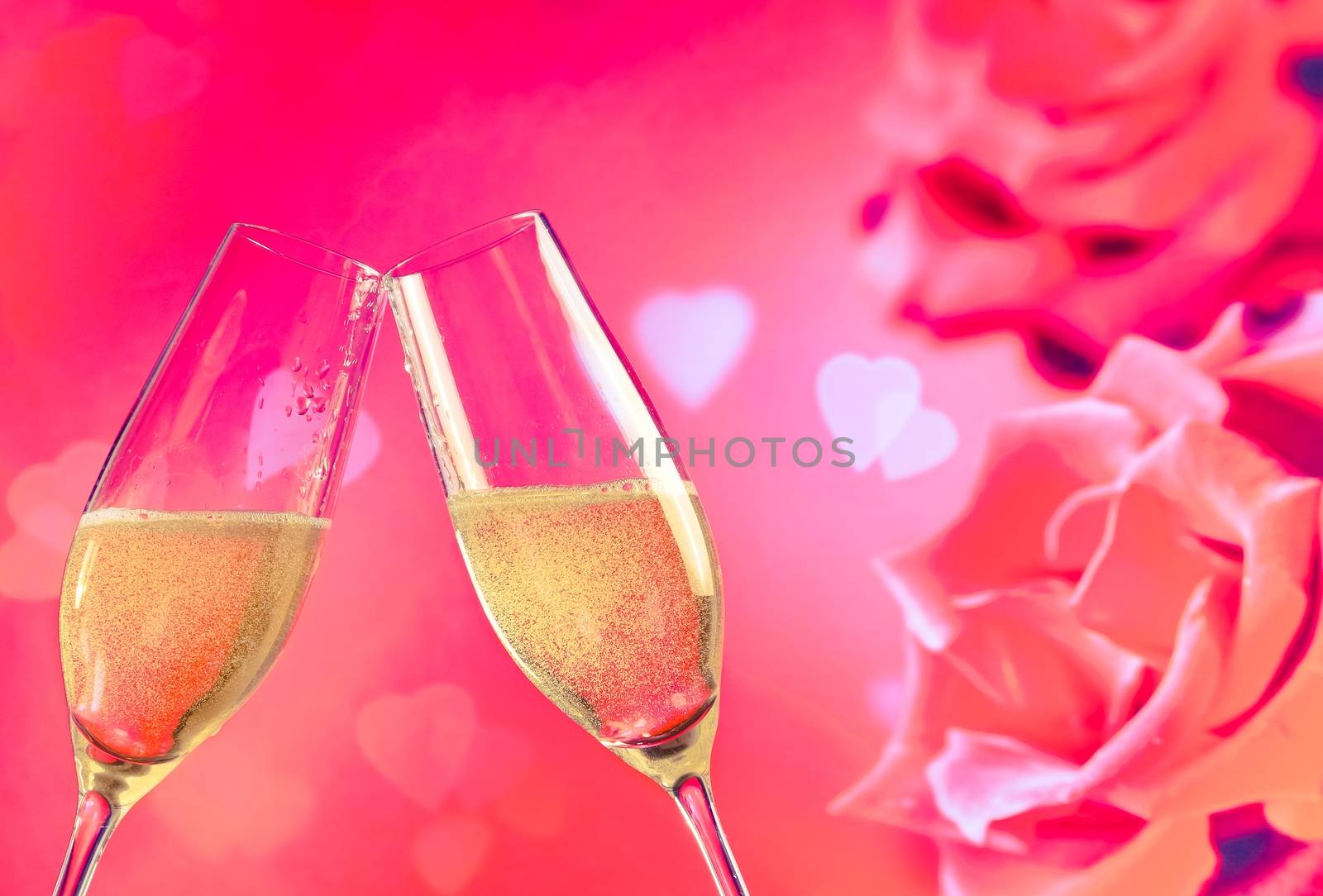 champagne flutes with golden bubbles on roses flowers background by donfiore