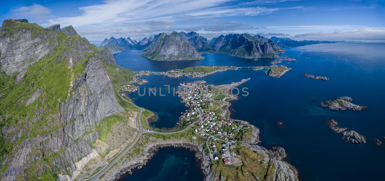 Scenic panorama from air of Reine on Lofoten islands in Norway