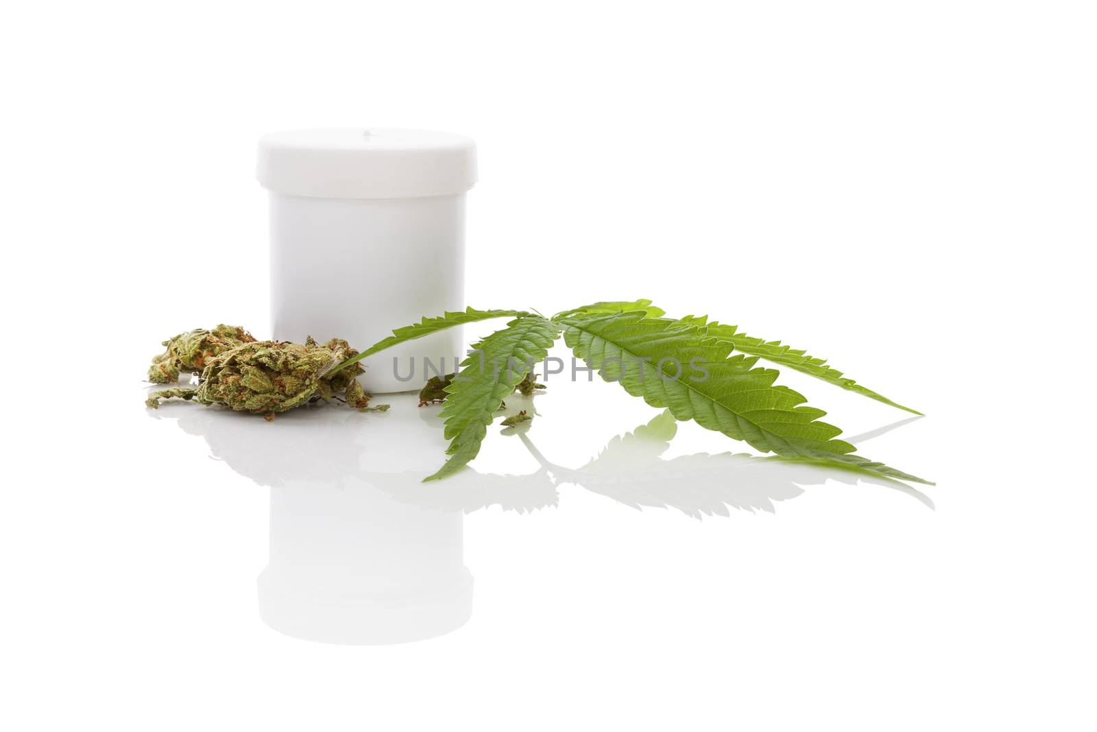 Medical marijuana. Cannabis bud and hemp leaf and white container isolated on white background with reflection
