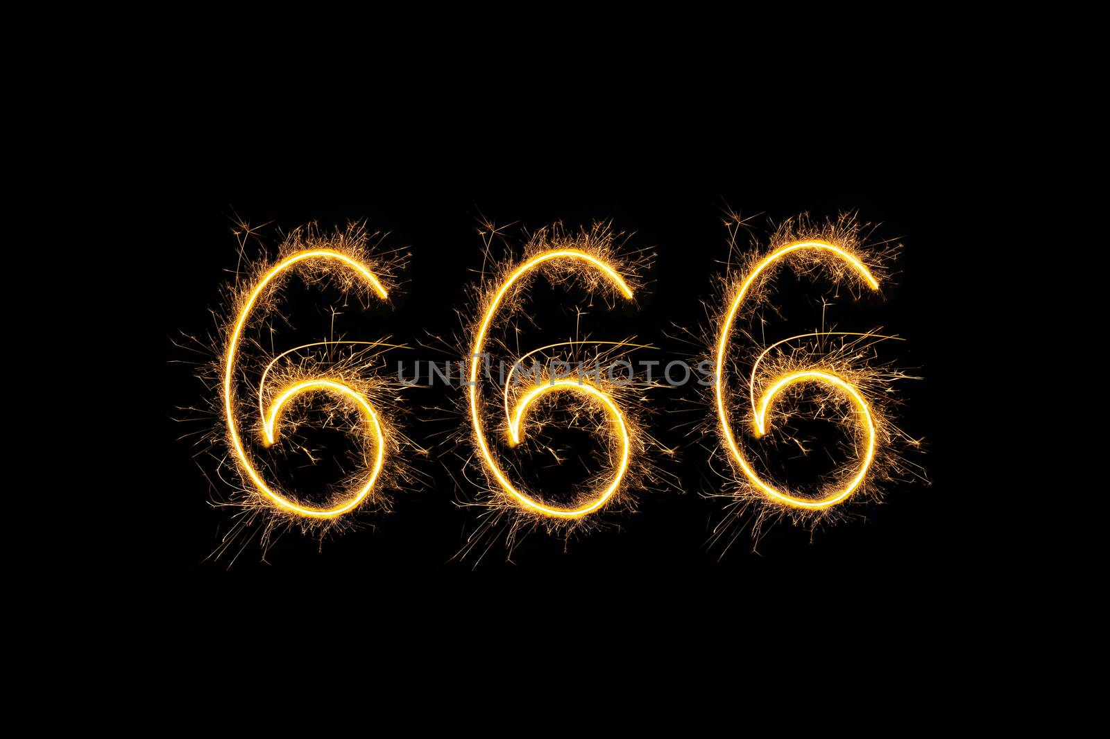 Sparkling digits 666 isolated on black background. Hell, death and satan symbol.