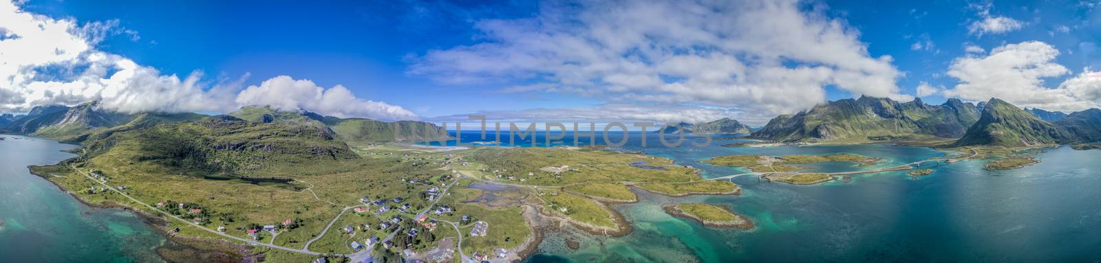 Scenic aerial panorama of Lofoten islands in Norway