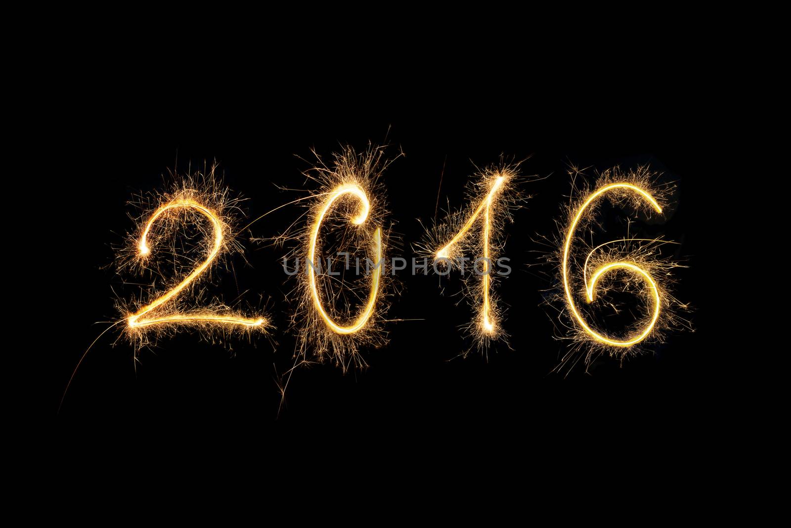 Happy new year. Digits 2016 made from fireworks isolated on black background. 