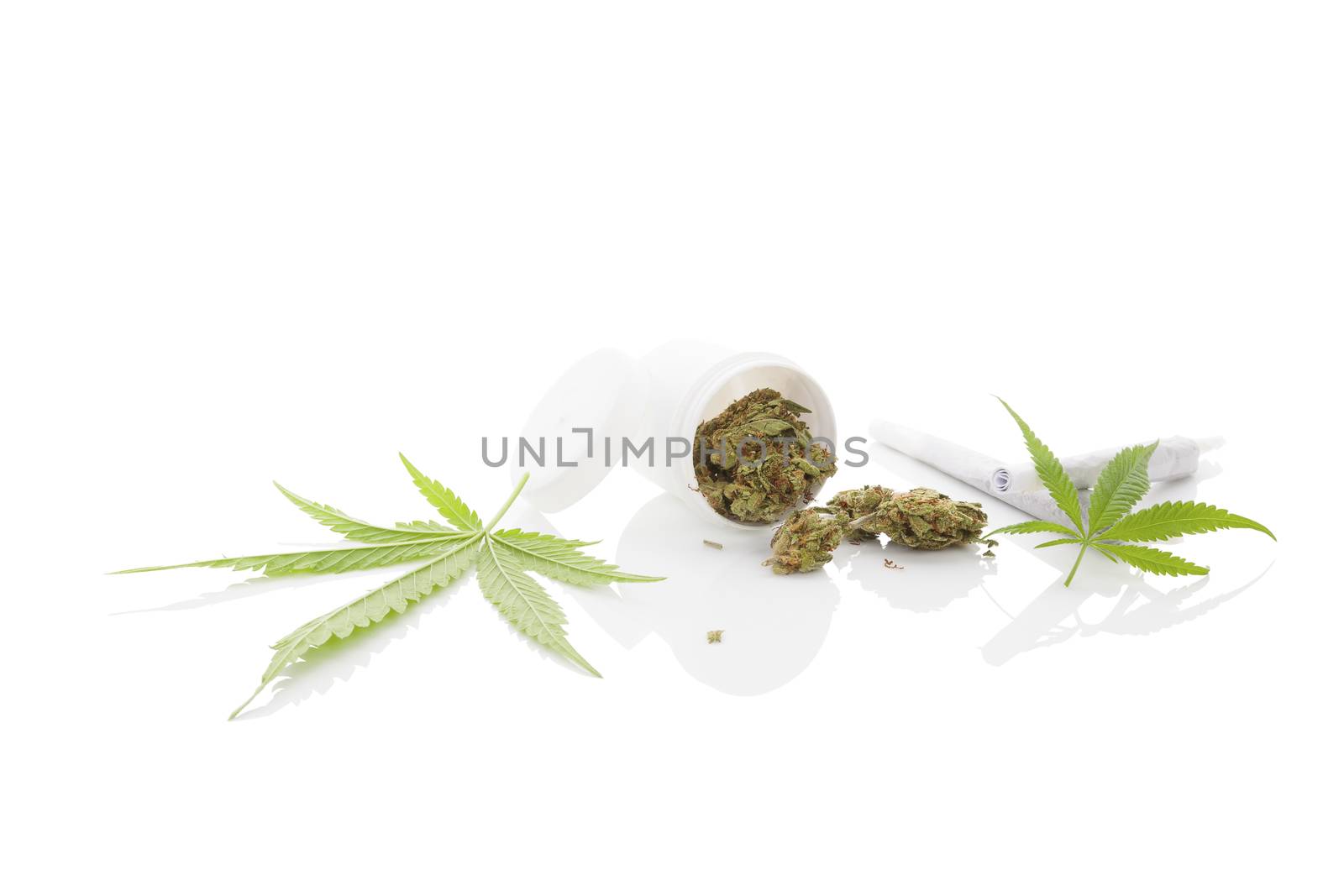 Medical marijuana. Cannabis bud and leaf and white container isolated on white background with reflection