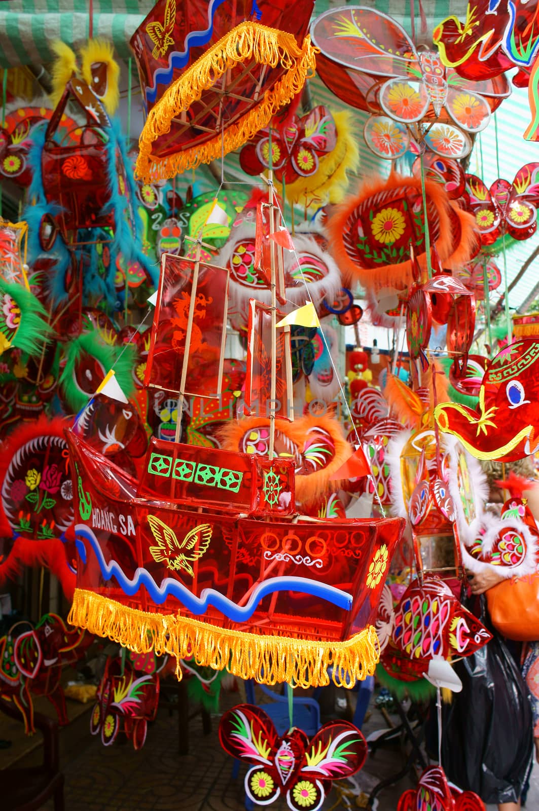 Group of colorful lantern at lantern street, Ho Chi Minh city, Vietnam, a marketplace on mid-autumn festival, lanterns is traditional toy when autumn coming