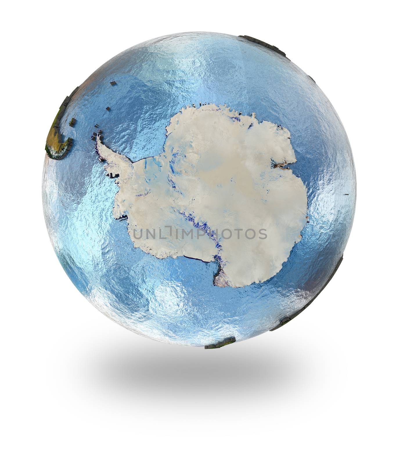 Highly detailed planet Earth with embossed continents and visible country borders featuring Antarctica. Isolated on white background. Elements of this image furnished by NASA.