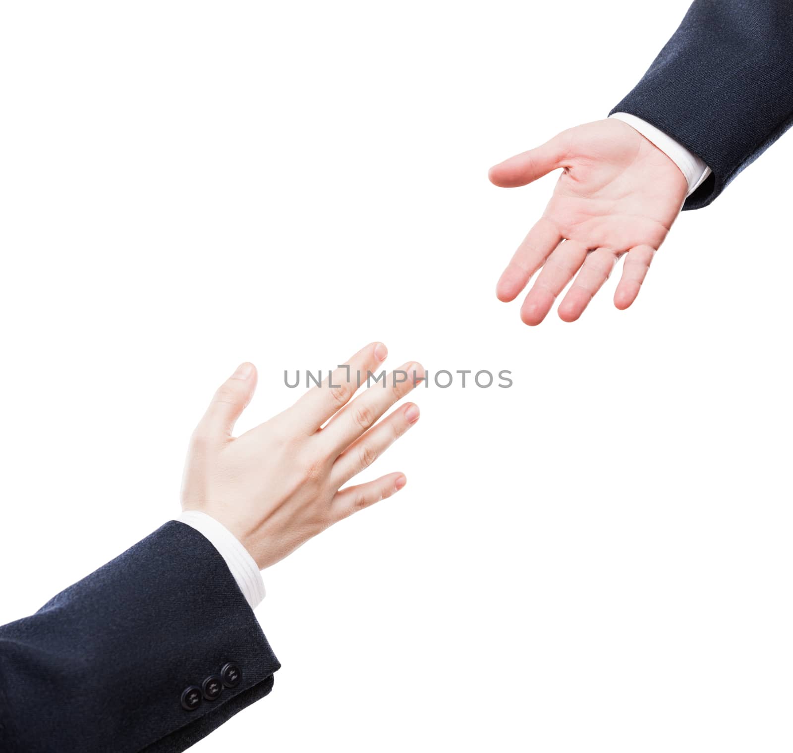 Business support and assistance concept - businessman giving helping hand to team partner white isolated