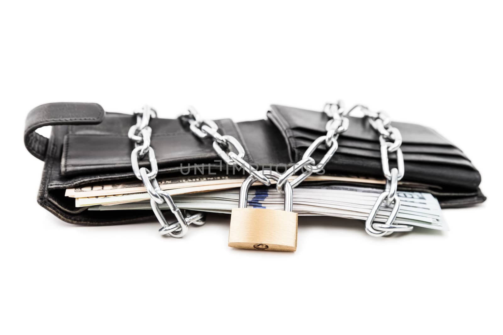Business safety and finance protection concept - metal chain link with locked padlock on leather wallet full of dollar currency money white isolated