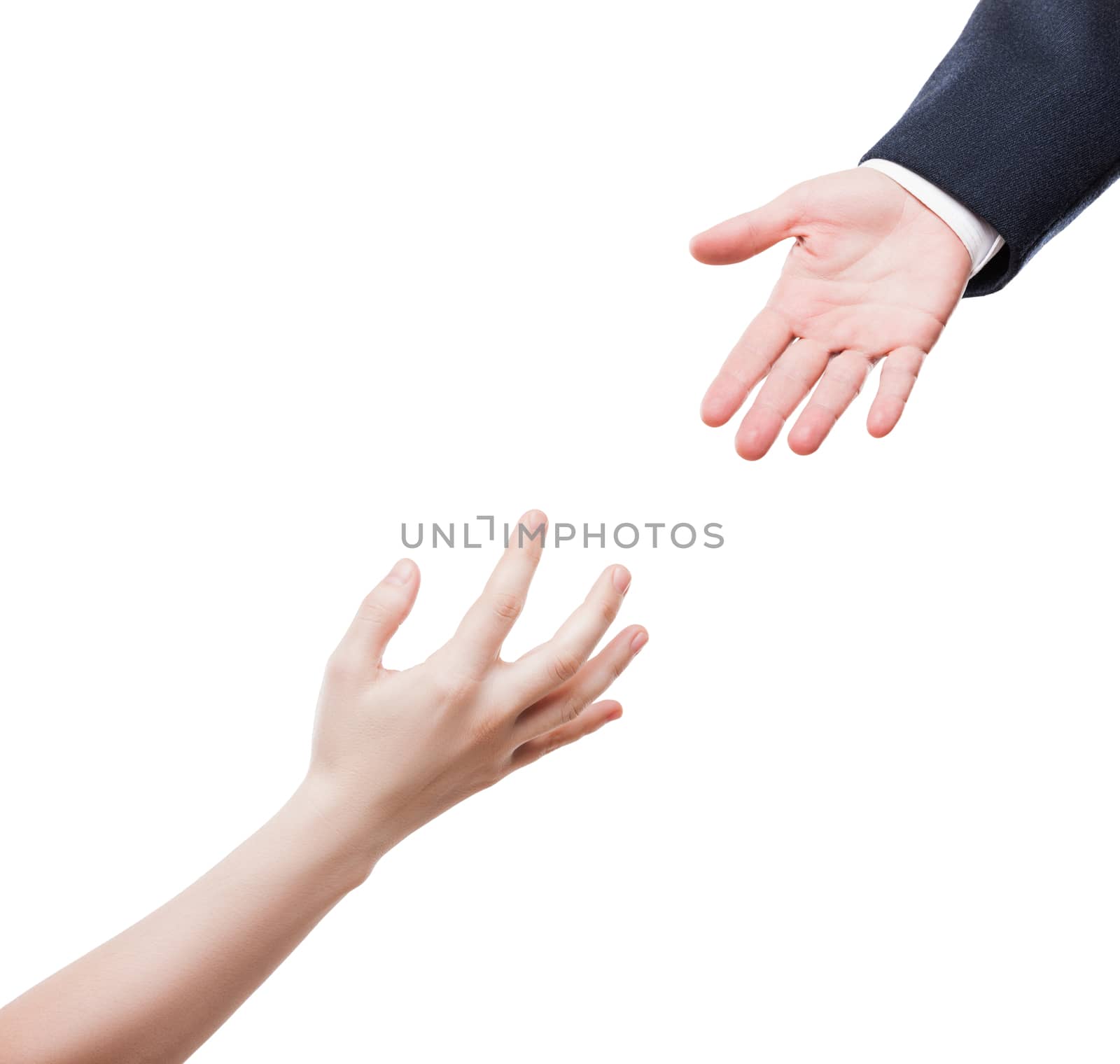 Poverty and social issue concept - businessman giving helping hand to poor begging needy person white isolated