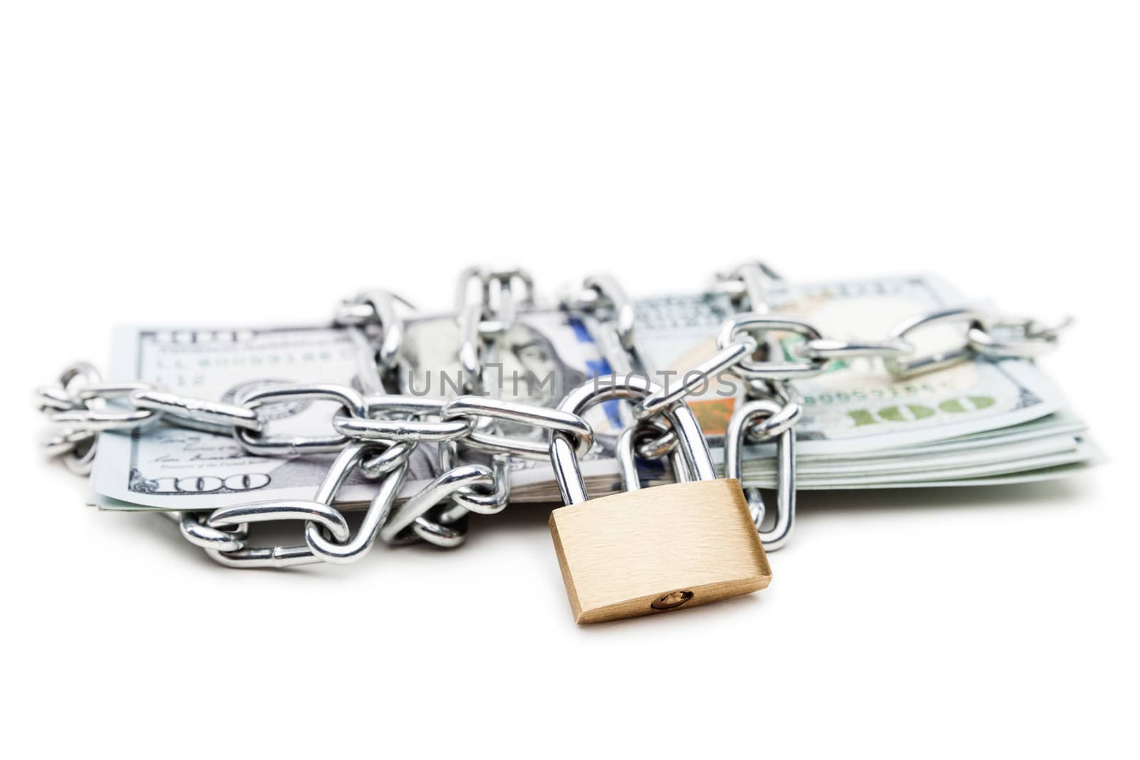 Chain link with padlock on dollar currency money by ia_64