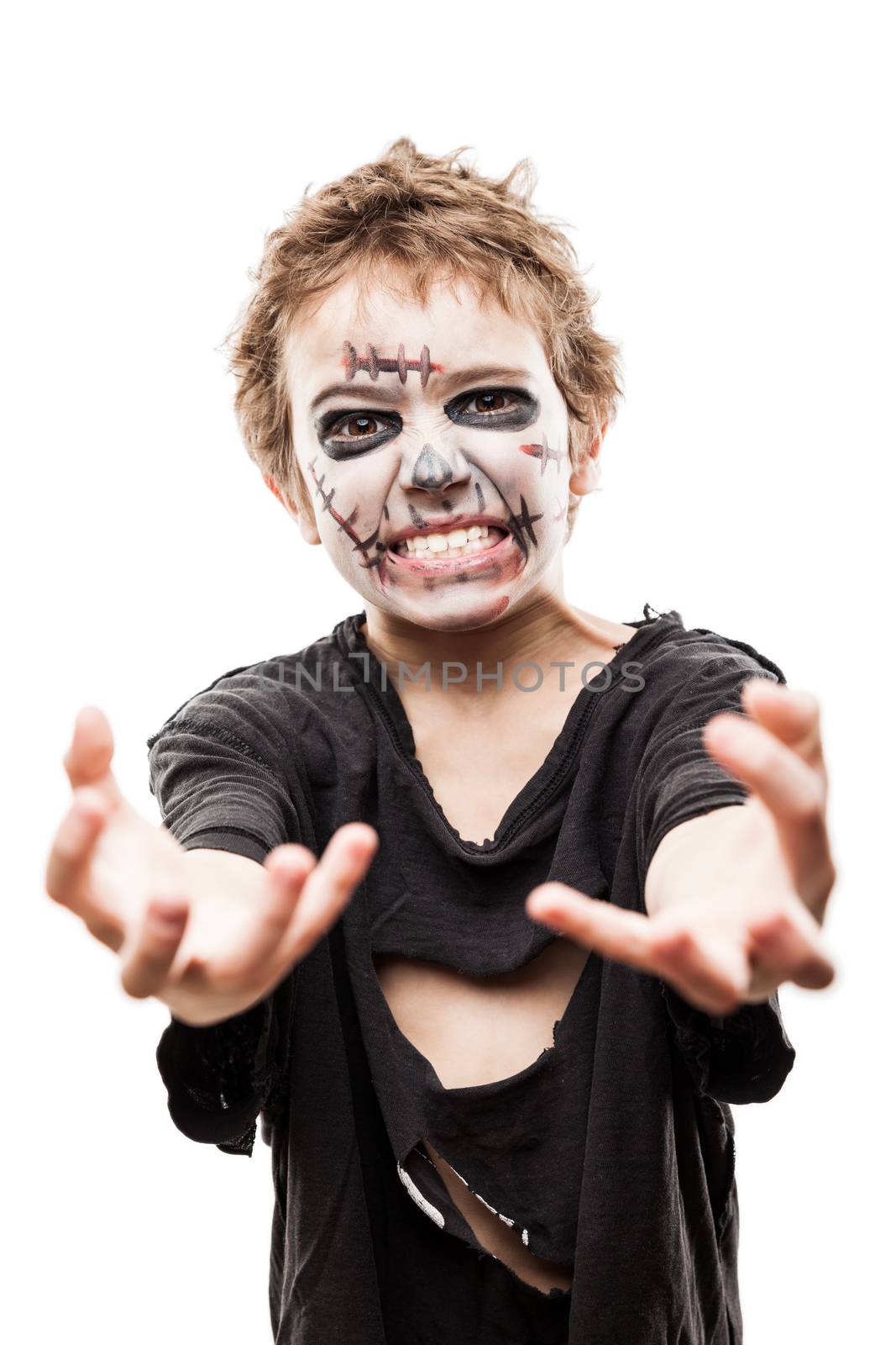 Halloween or horror concept - screaming walking dead zombie child boy reaching hand white isolated