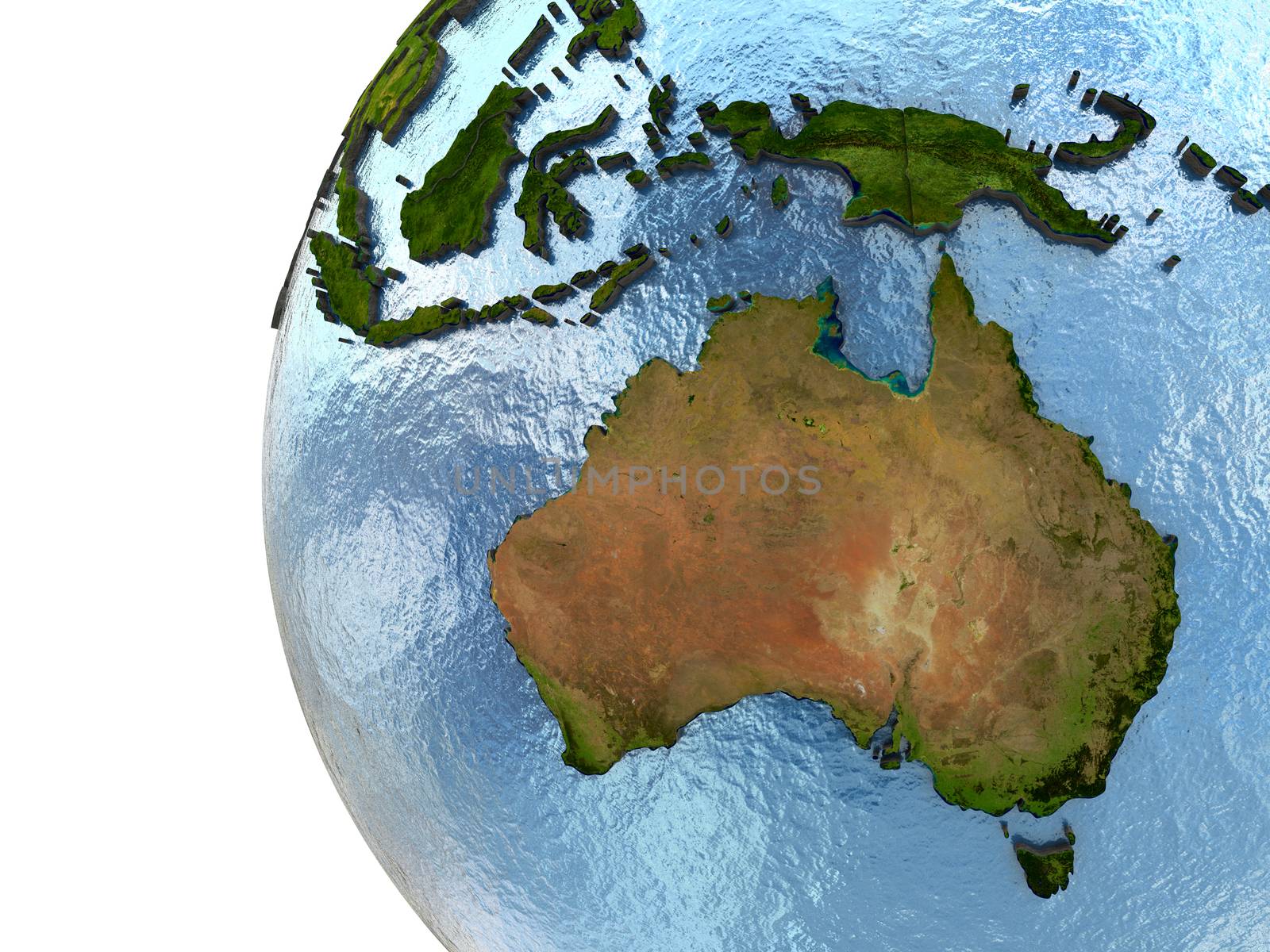 Australia on highly detailed planet Earth with embossed continents and country borders. Elements of this image furnished by NASA.