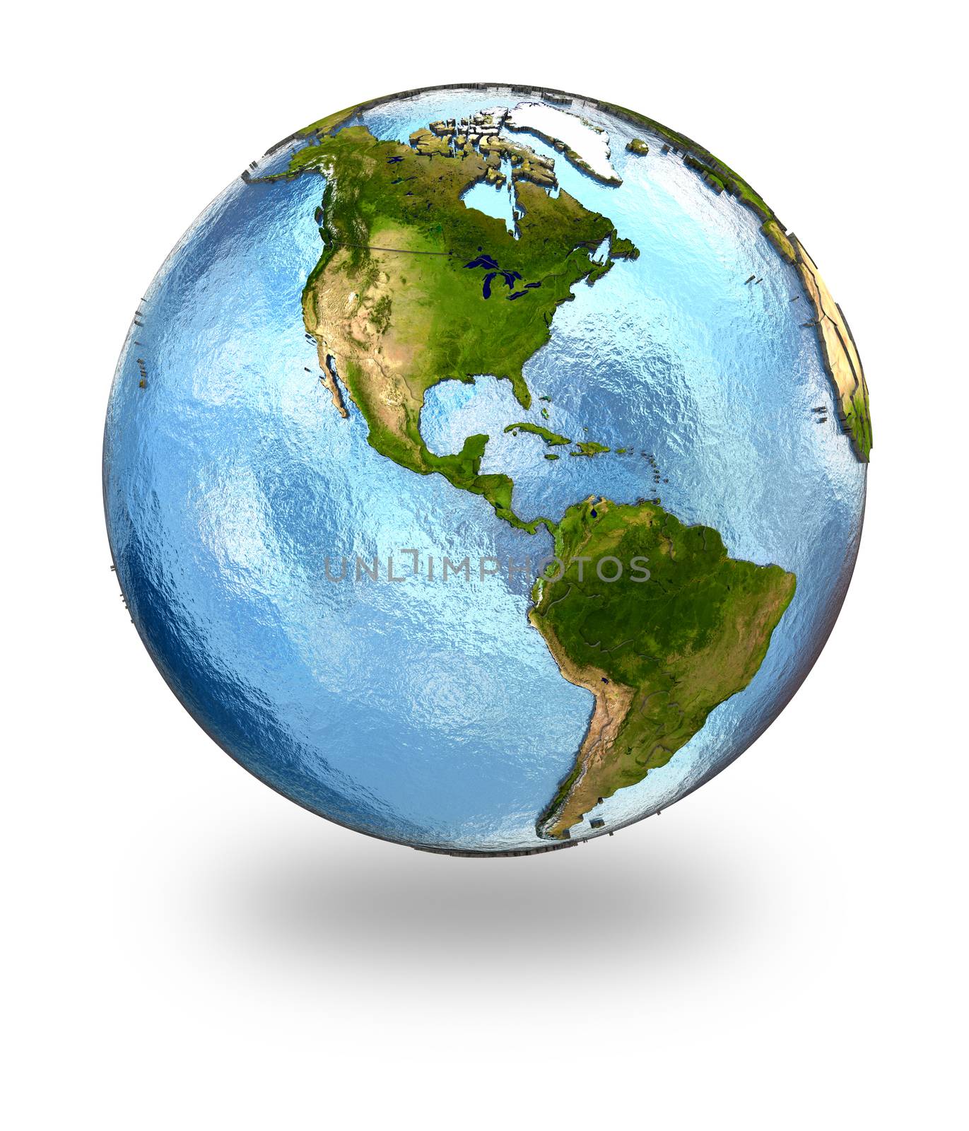 Highly detailed planet Earth with embossed continents and visible country borders featuring America. Isolated on white background. Elements of this image furnished by NASA.