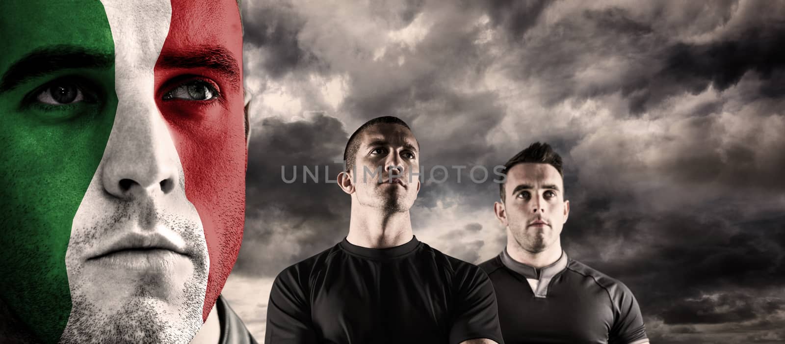 Italy rugby player against blue sky with white clouds