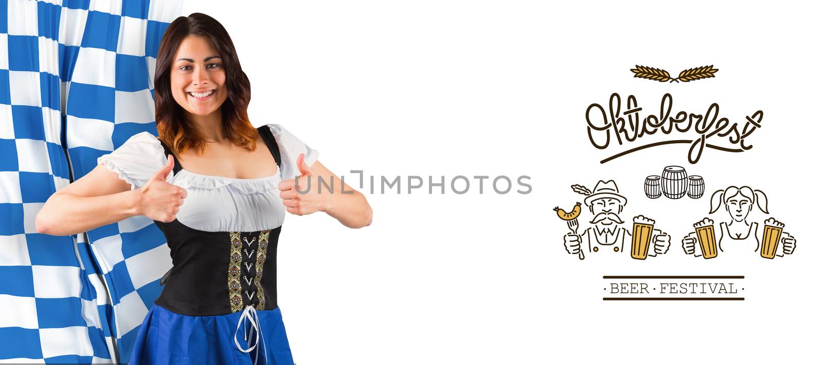 Pretty oktoberfest girl showing thumbs up against oktoberfest graphics