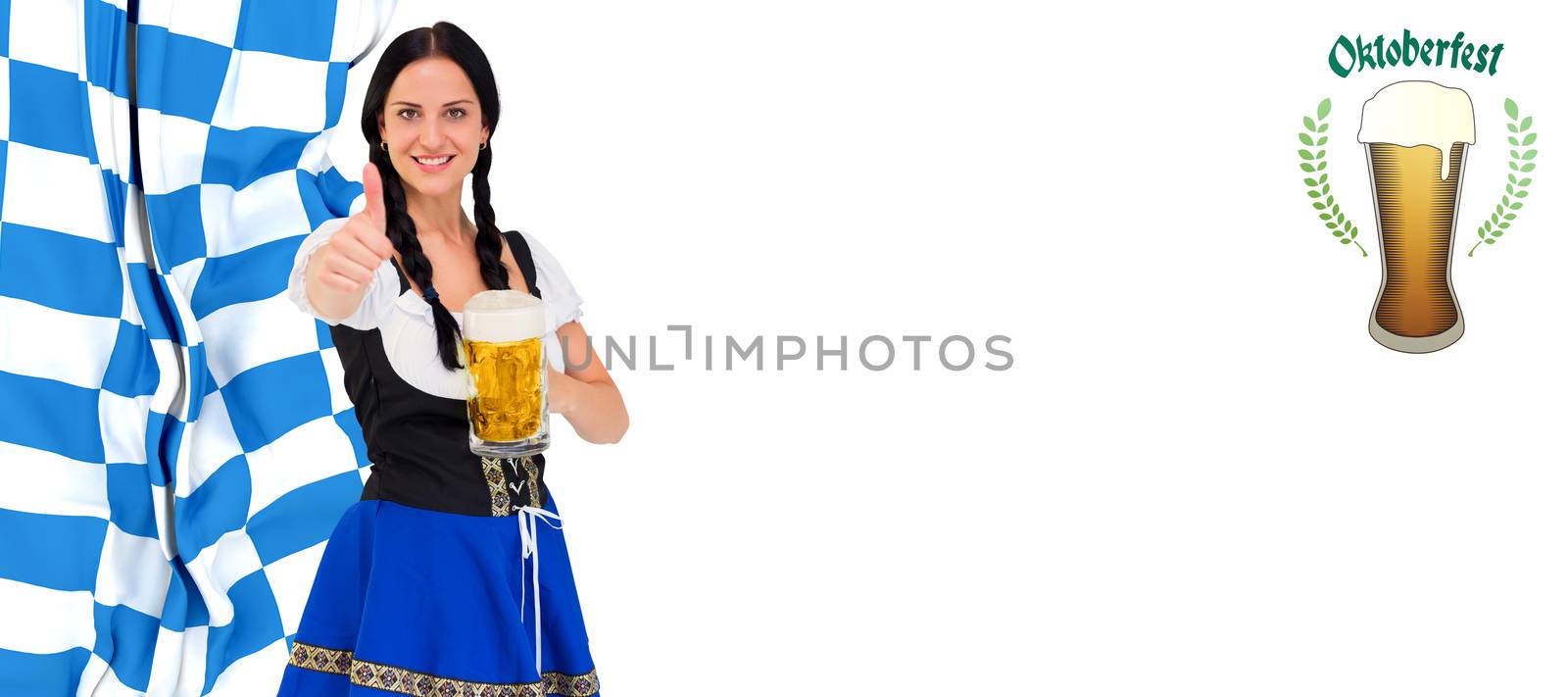 Pretty oktoberfest girl holding beer tankard against oktoberfest graphics