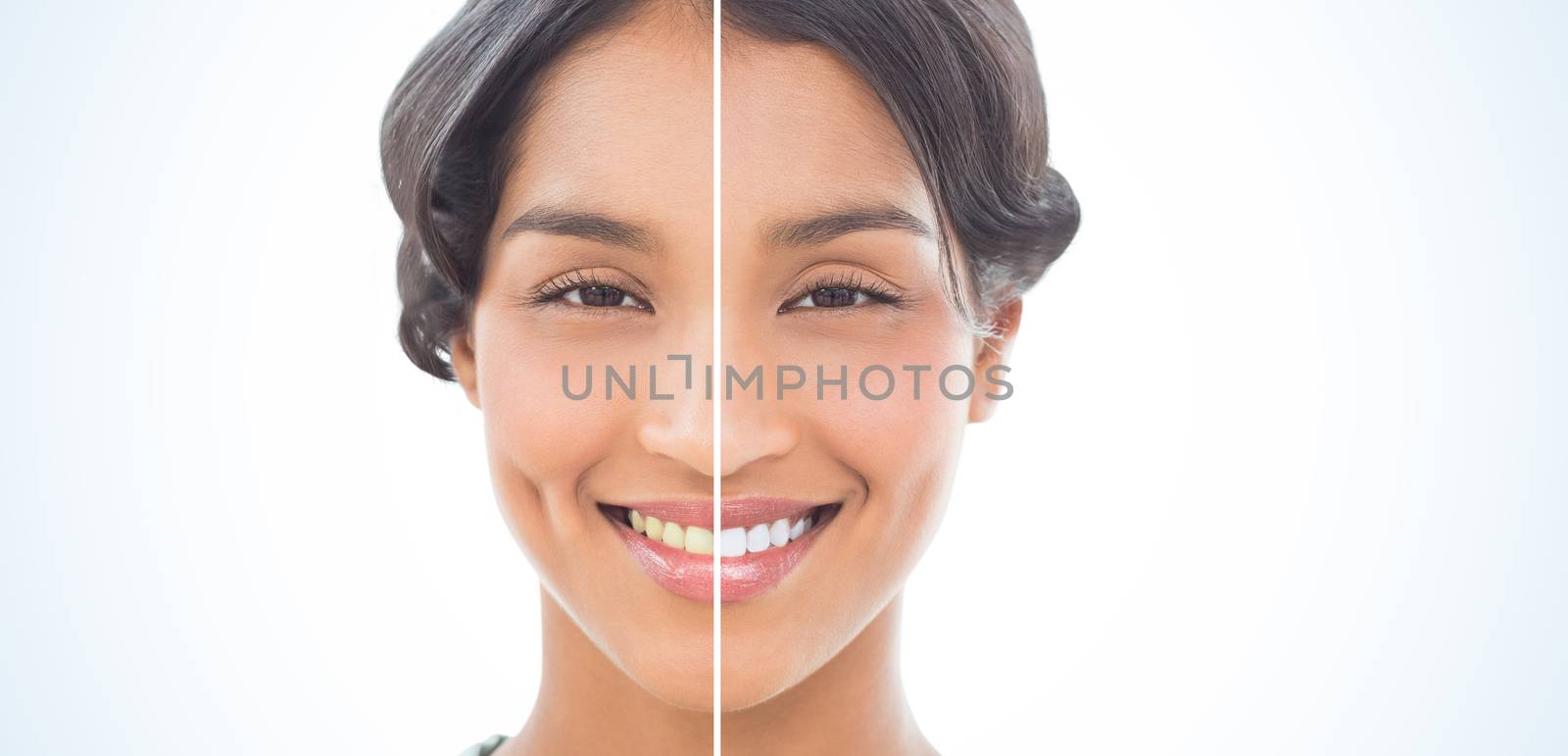 Close-up portrait of beautiful woman smiling over white background