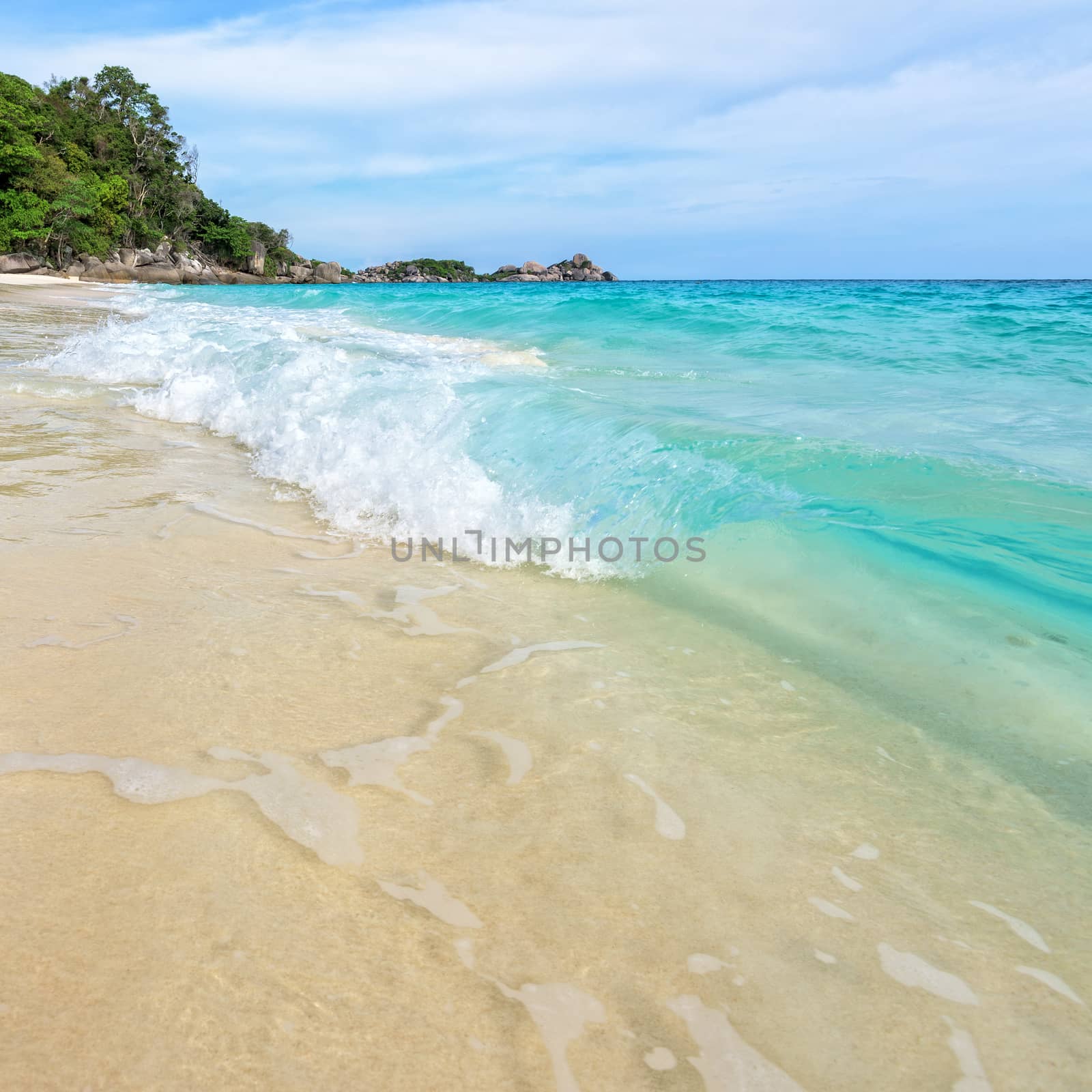 Beautiful landscape blue sea white sand and waves on the beach during summer at Koh Miang island in Mu Ko Similan National Park, Phang Nga province, Thailand, 1:1 square