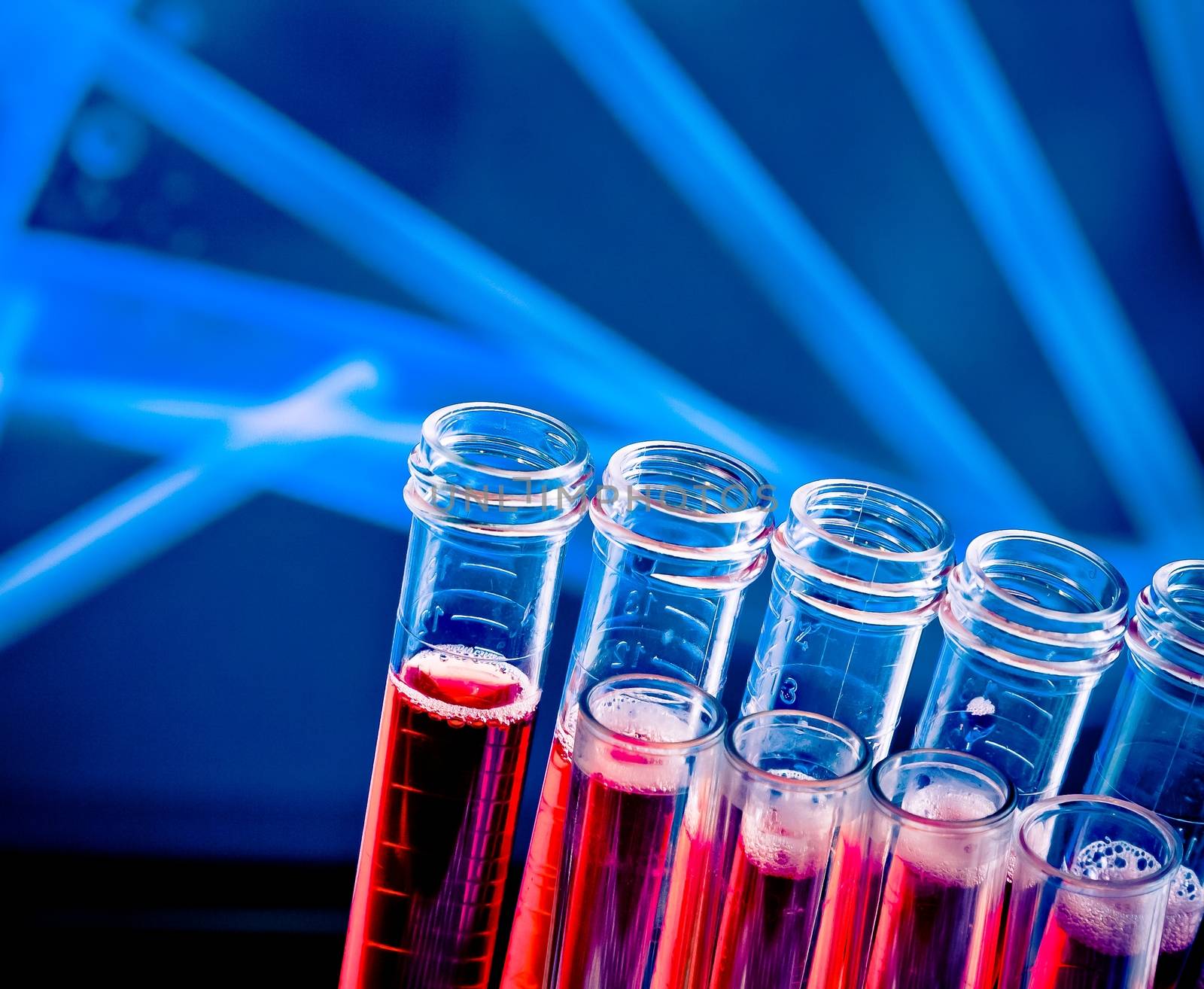 closeup of test tubes with red liquid in laboratory on blue light tint background