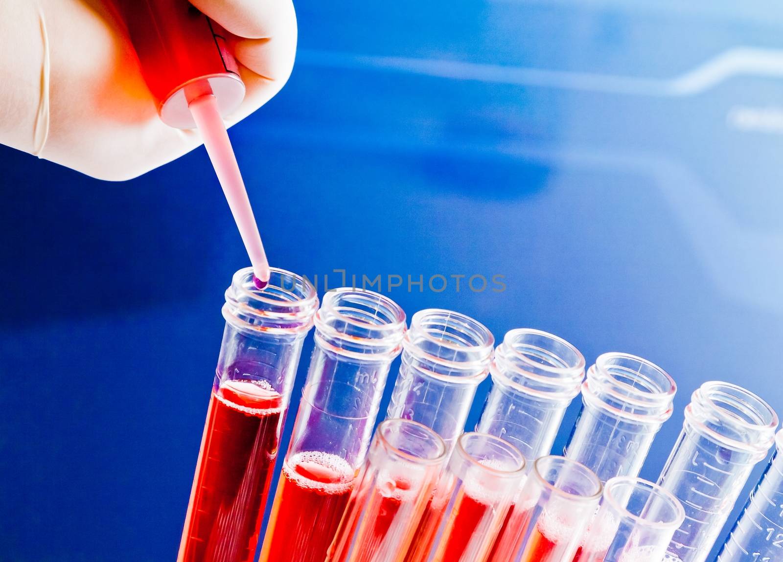 closeup of test tubes with pipette on red liquid in laboratory  by donfiore