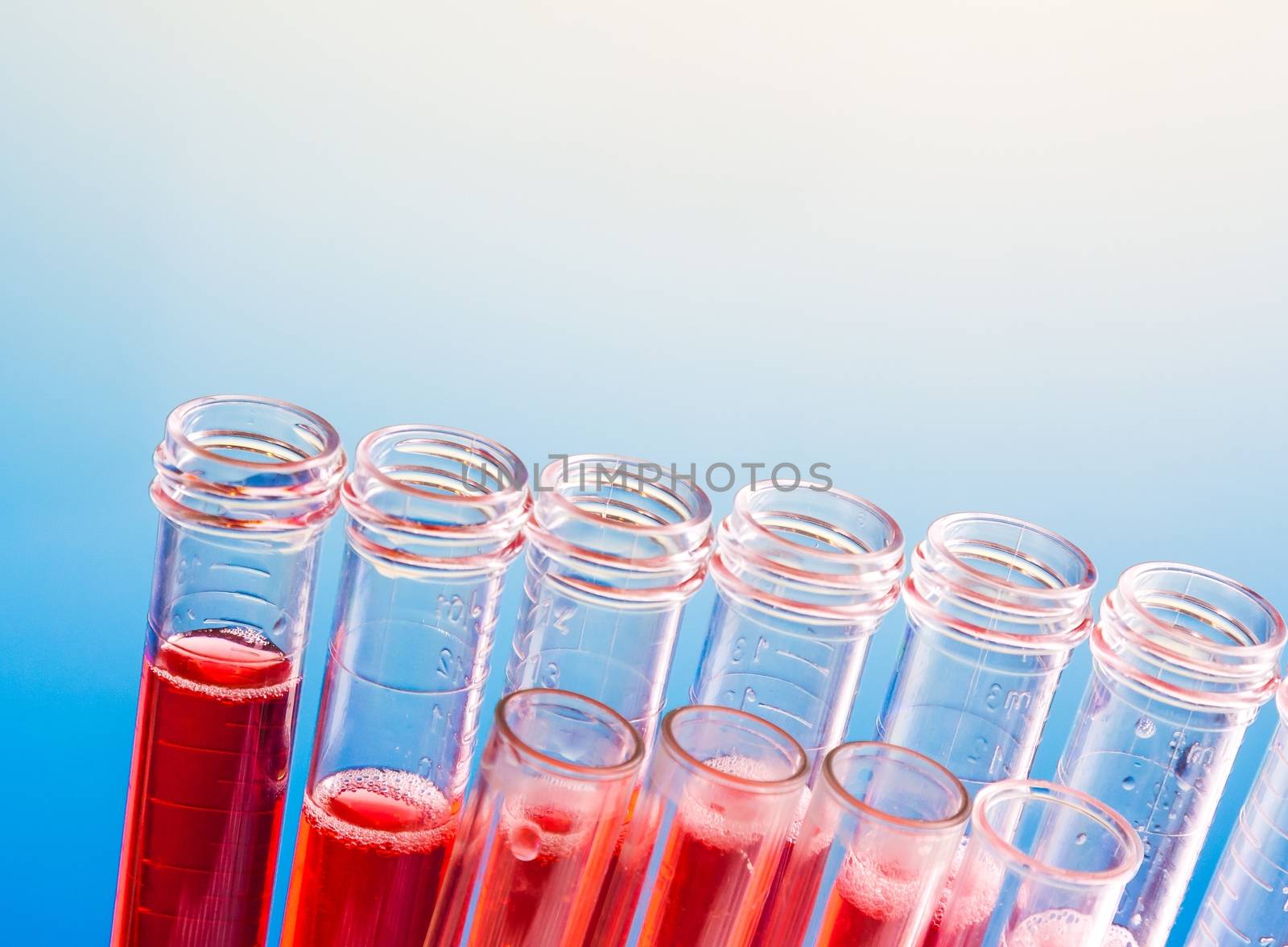 closeup of test tubes with red liquid in laboratory on blue light gradient tint background