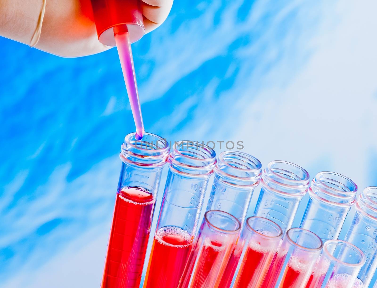 closeup of test tubes with pipette on red liquid on blue blur abstract background