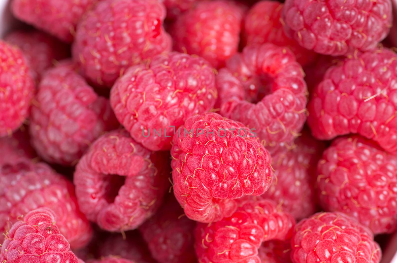 A beautiful selection of freshly picked ripe red raspberries by dolnikow