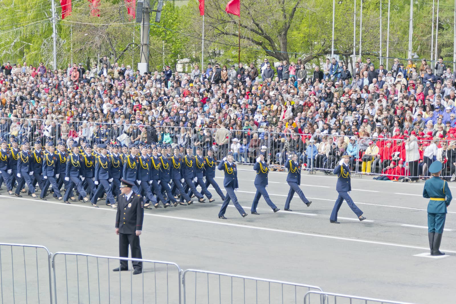 Samara, Russia - May 9: Russian woman midshipmans march at the parade on annual Victory Day, May, 9, 2015 in Samara, Russia.