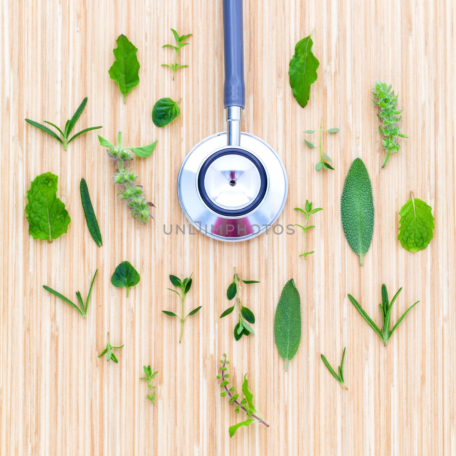 The circle of Herbs leaf and flower with stethoscope on wooden table concept for power of green natural.
