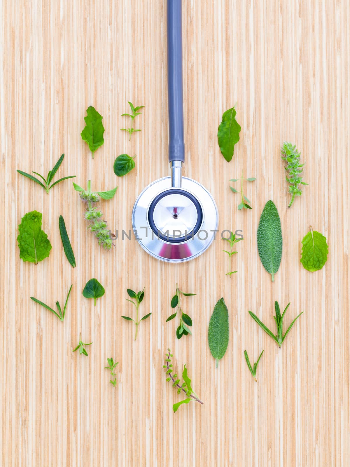 The circle of Herbs leaf and flower with stethoscope on wooden table concept for power of green natural.