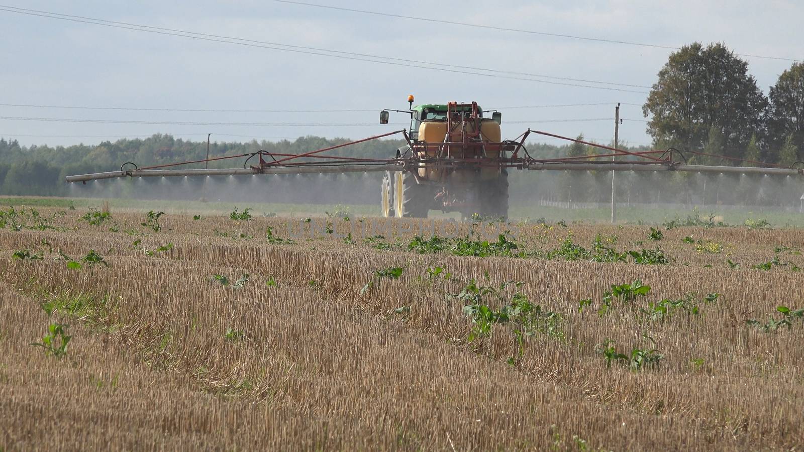 Tractor spray stubble field with herbicide chemicals in autumn. Farmer killing weeds in agriculture field before winter.