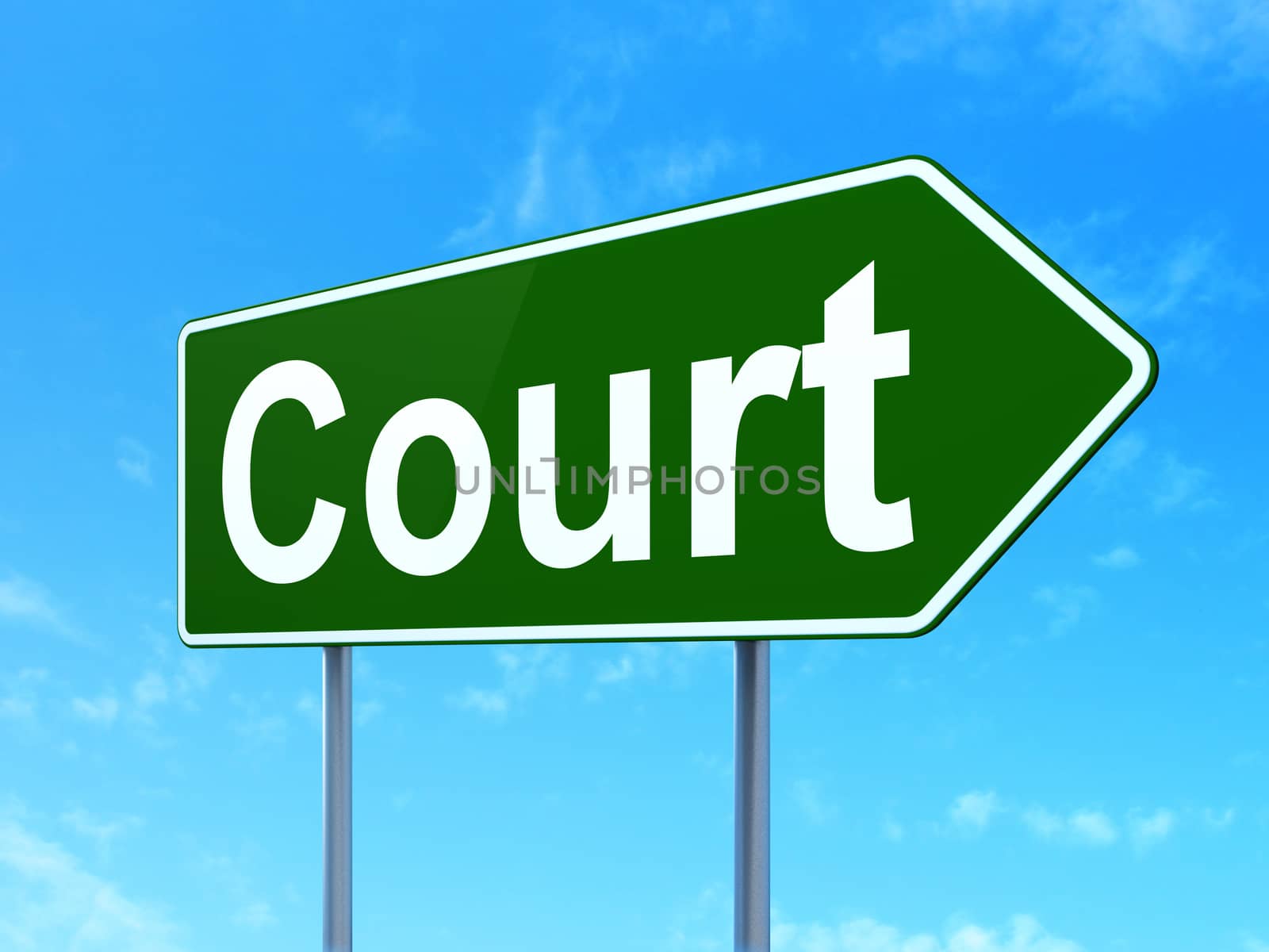 Law concept: Court on green road (highway) sign, clear blue sky background, 3d render