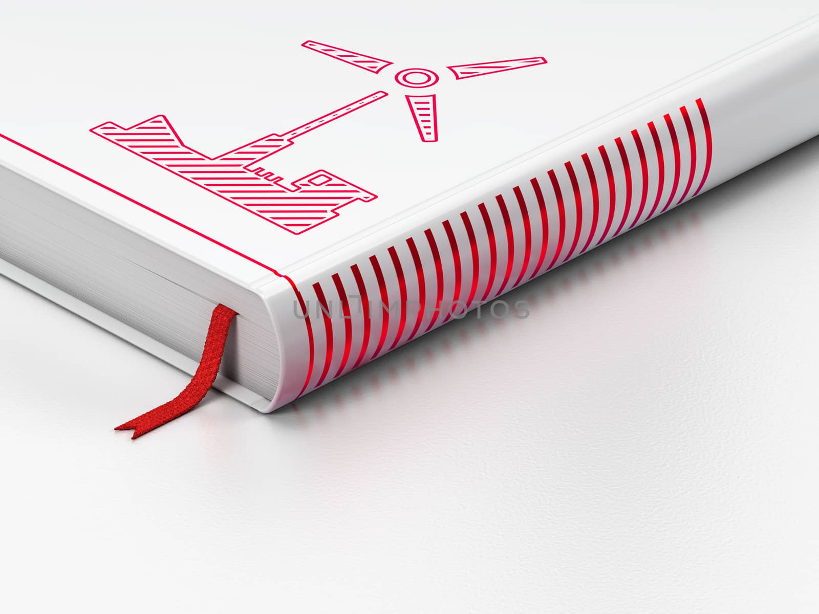 Industry concept: closed book with Red Windmill icon on floor, white background, 3d render