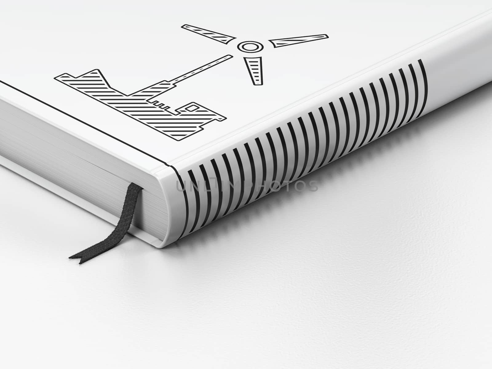 Manufacuring concept: closed book with Black Windmill icon on floor, white background, 3d render