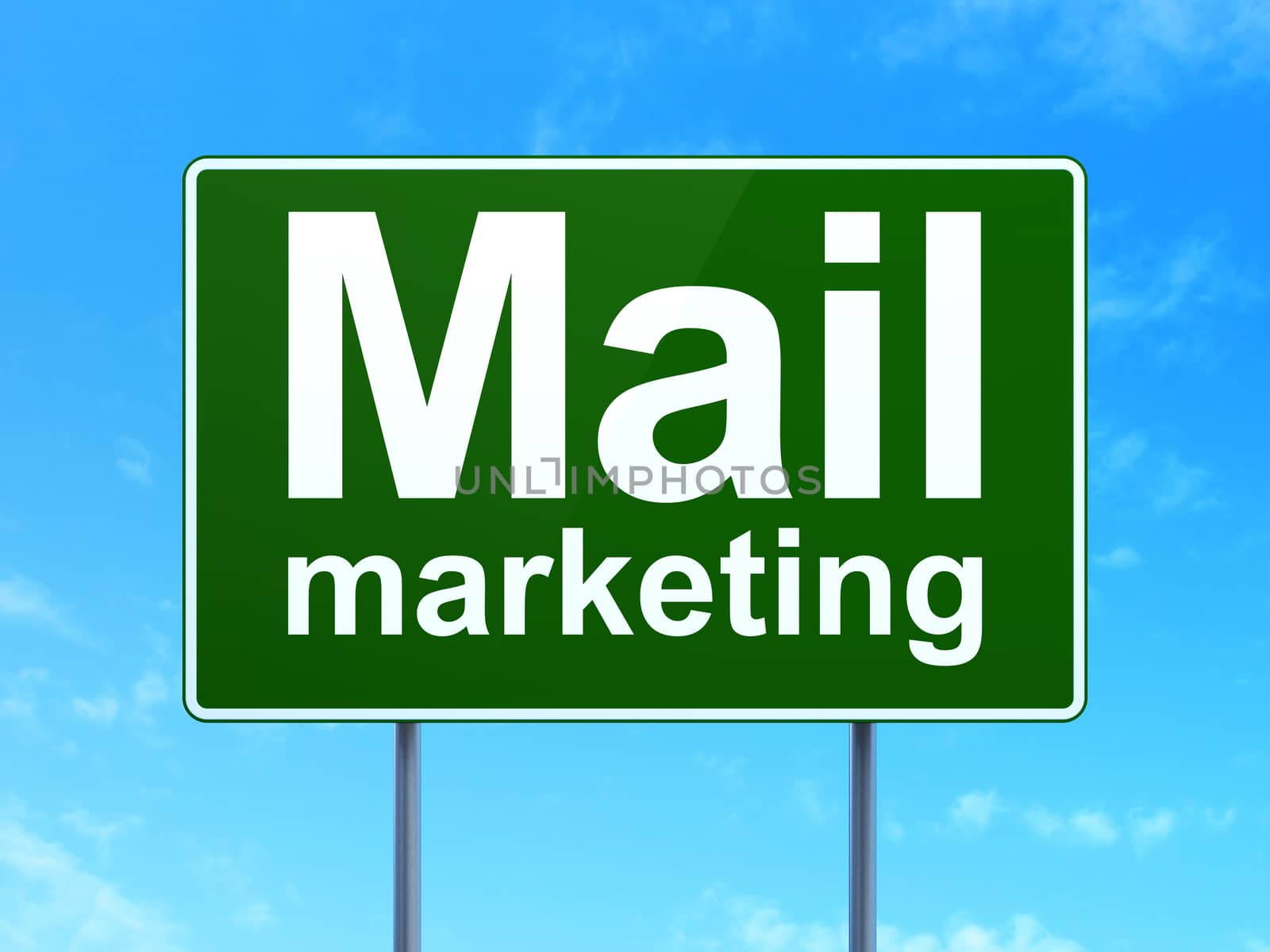 Marketing concept: Mail Marketing on green road (highway) sign, clear blue sky background, 3d render