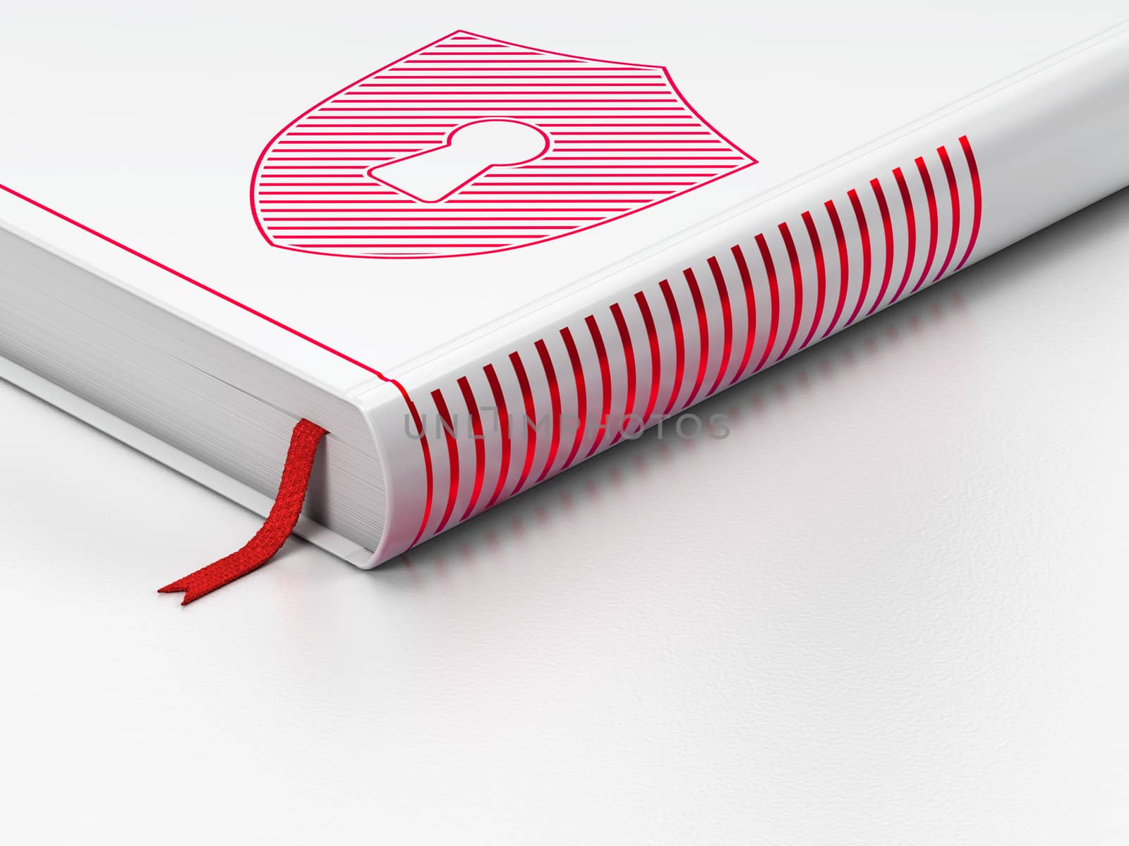 Safety concept: closed book with Red Shield With Keyhole icon on floor, white background, 3d render