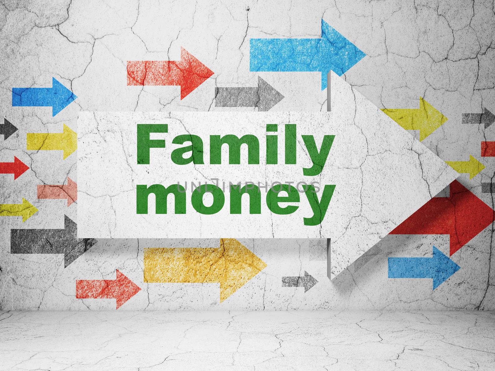 Banking concept:  arrow with Family Money on grunge textured concrete wall background