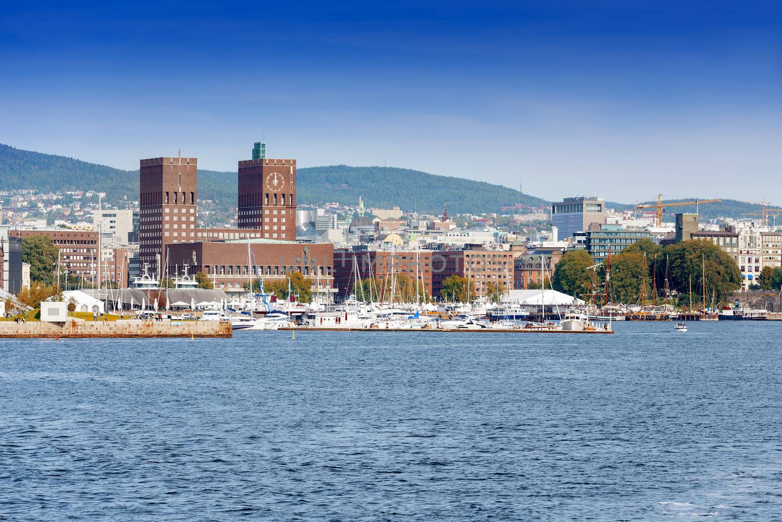 View of Oslo Radhuset (town hall) from the sea, Oslo, Norway