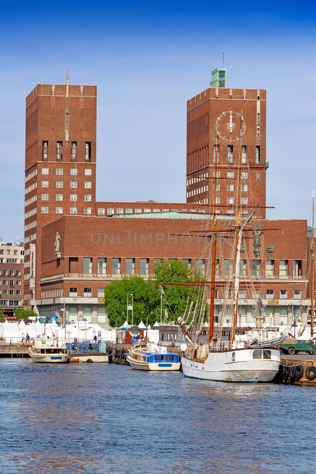 View of Oslo Radhuset (town hall) from the sea, Oslo, Norway