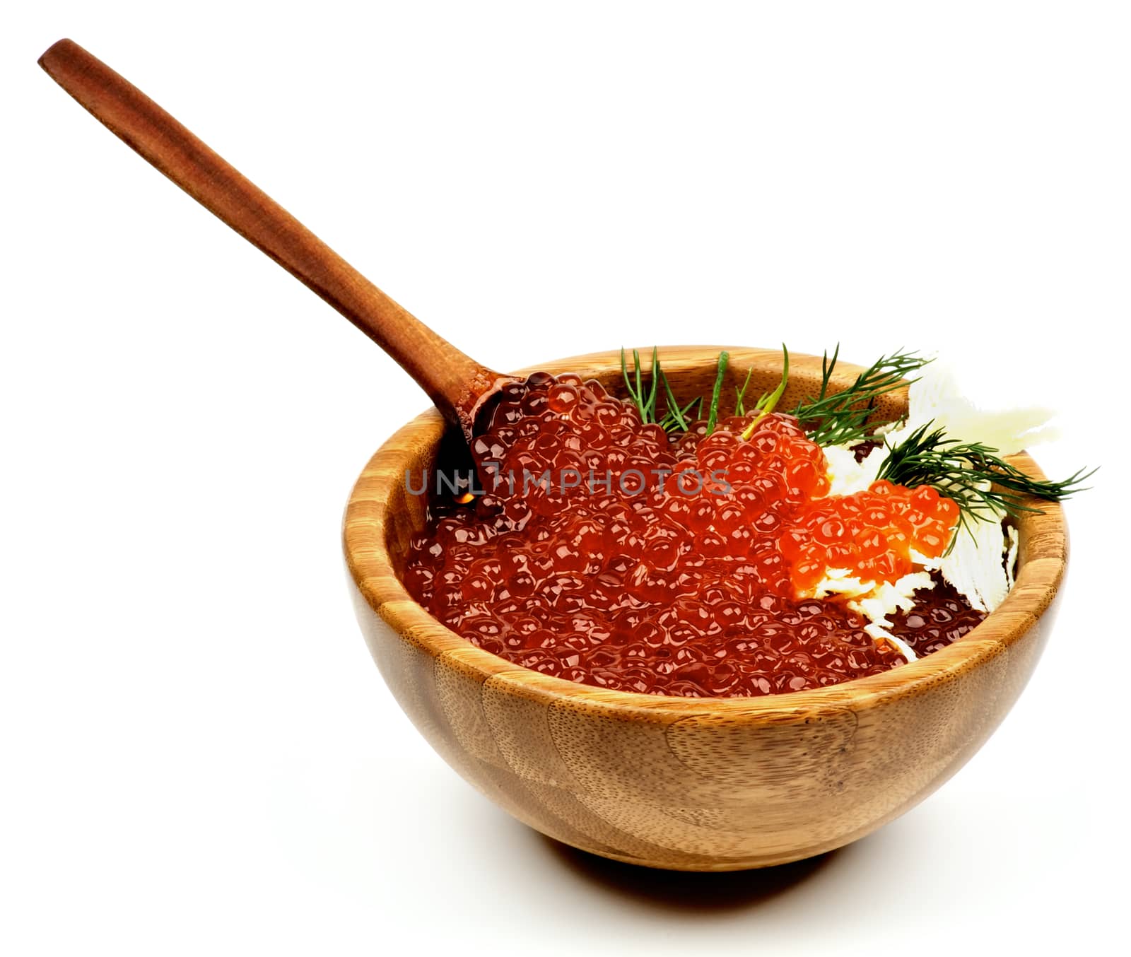 Wood Bowl Full of Perfect Red Caviar with Butter and Dill isolated on White background