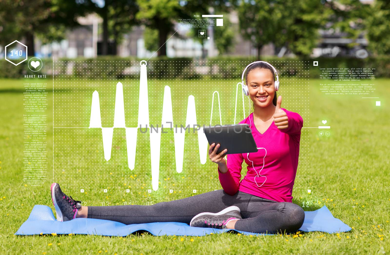 fitness, park, technology and sport concept - smiling african american woman with tablet pc and headphones showing thumbs up outdoors