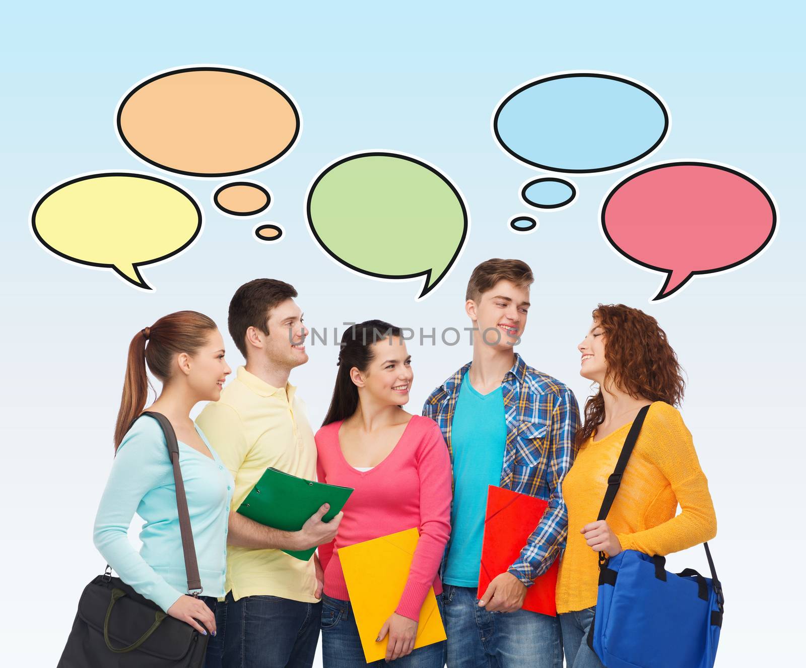 group of smiling students with text bubbles by dolgachov
